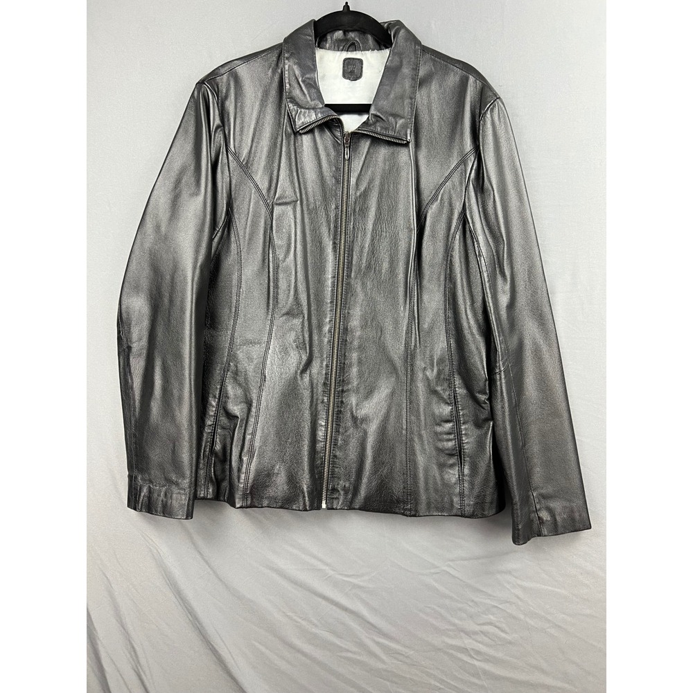 Wilsons Leather Jacket Womens Medium Pewter Black Metallic Full Zip Coat GOOD